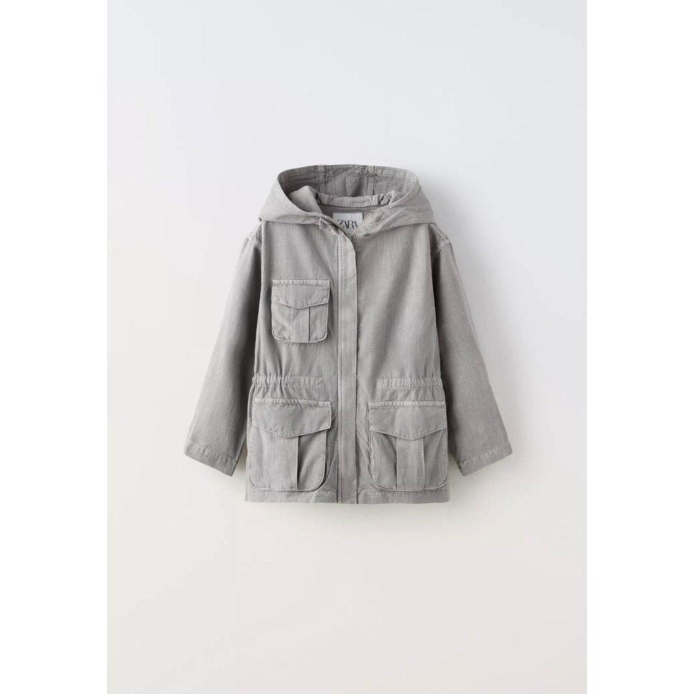 fall Zara Hooded Utility Jacket girls Size 13-14 Grey Cargo Pocket Cinched Waist